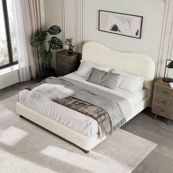 Full Boucle Upholstered Platform Bed with Cloud Headboard, Low Profile