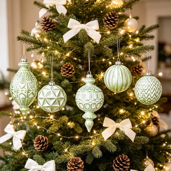 Light Green Embossed Vintage Christmas Ball Ornament Set Shatterproof Hanging Baubles for Xmas Tree Decor