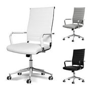 Okeysen Office Desk Chair, Ergonomic Leather Executive Conference Computer Chair, Modern Ribbed, Height Adjustable Tilt, Upgraded Seat with Arm PU Wrap, Swivel Rolling Chair. (White)