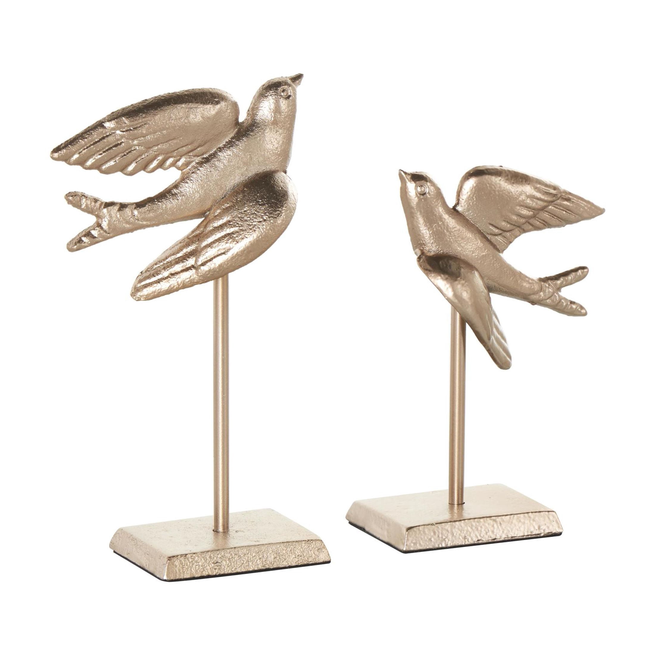 9", 7"H Gold Metal Metallic Bird Sculpture with Stand, by DecMode (2 Count)