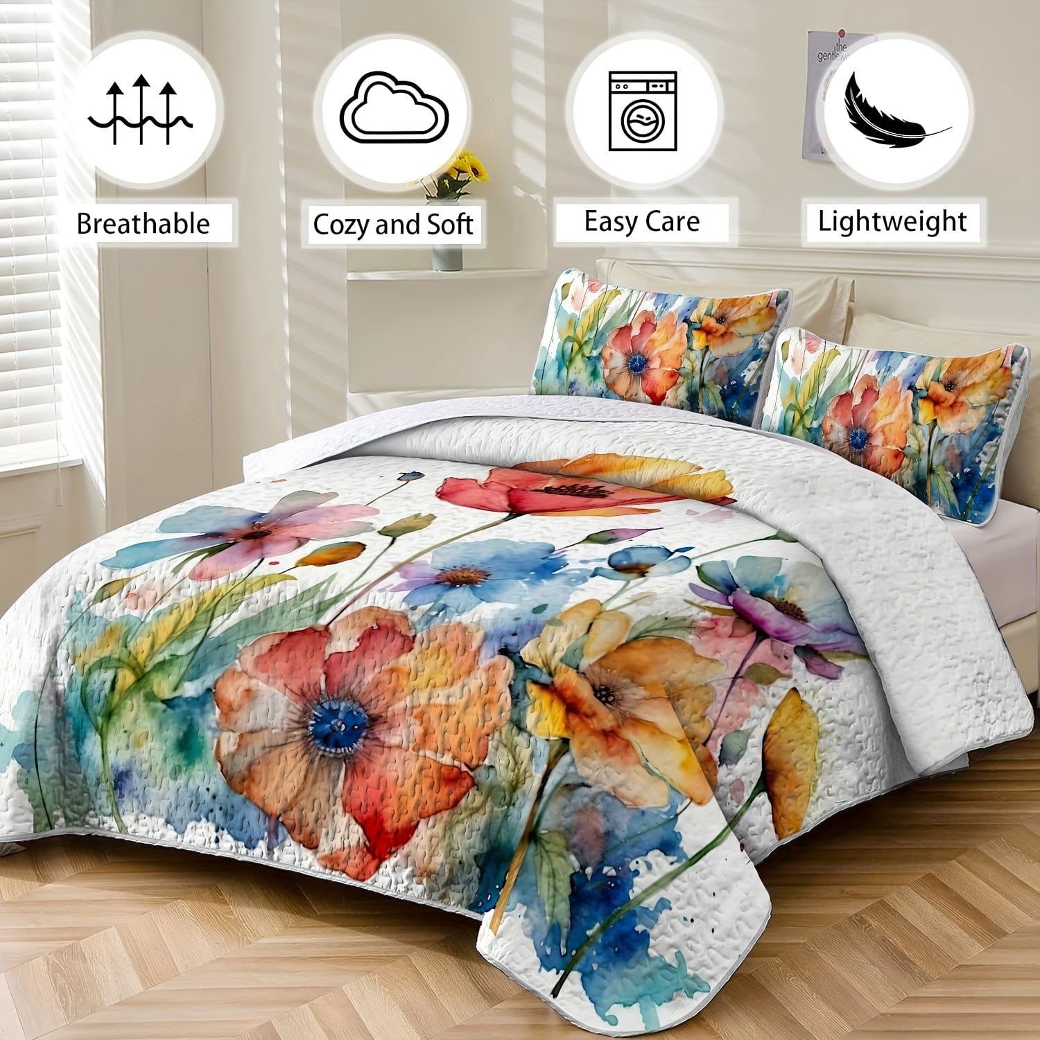 Flymme Quilts Sets Queen Size 3 Pieces Watercolor Art Floral Bedspread Coverlet with Pillowshams Lightweight Quilt Bedding Sets for Bedroom Decor