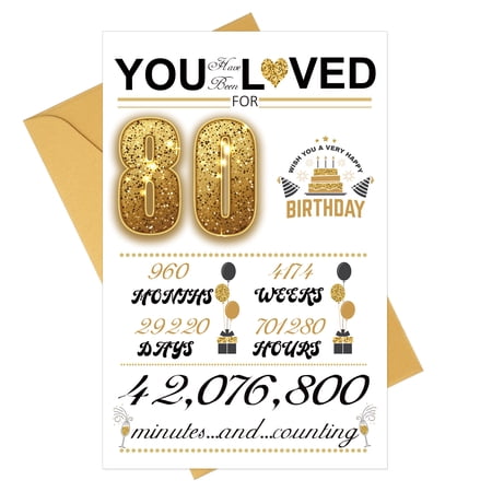 Uxcell 80th Birthday Card Happy Birthdays Card Time Greeting Card with Envelope for Girl Boy Women Gift Friend Birthday Decorations Gold Tone