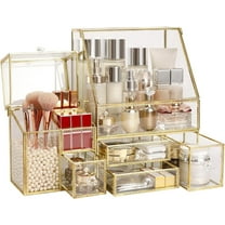 Large Glass Makeup Organizer Drawer Set Beauty Storage Bathroom Counter Organizer Cosmetic Display with Pearl (16in)