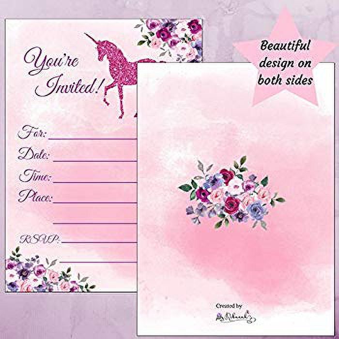 Unicorn Invitations with Envelopes for Girls Birthday, Blank Cards  Customize Party Details, 25 Pack, 5x7 Set