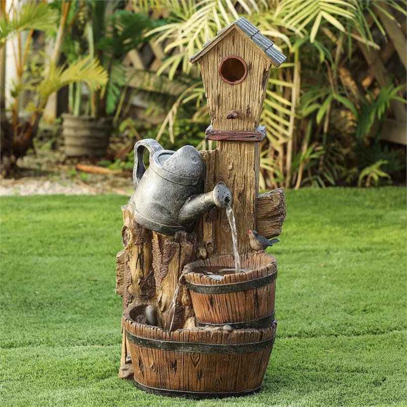 Luxen Home Polyresin Bird House Post and Water Can Patio Fountain