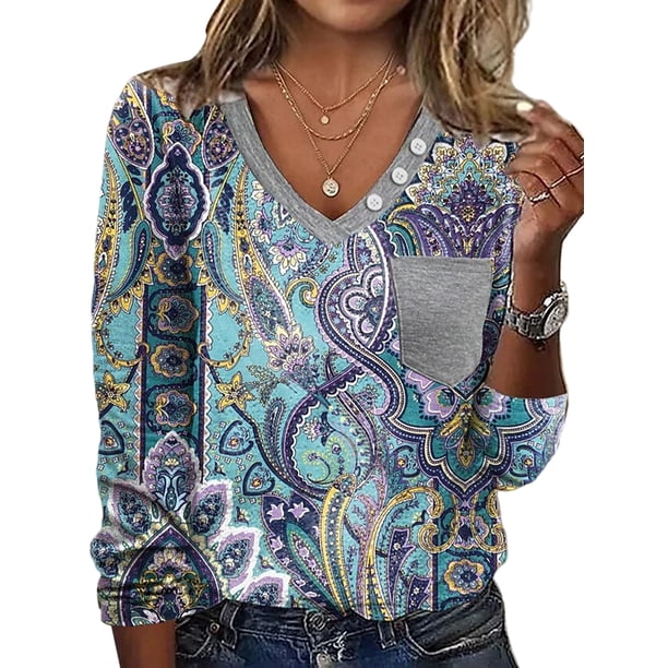 Camiseta de mujer con cuello en V, camiseta étnica, blusa tipo túnica de moda, jersey de mujer, Tops sueltos de manga larga
