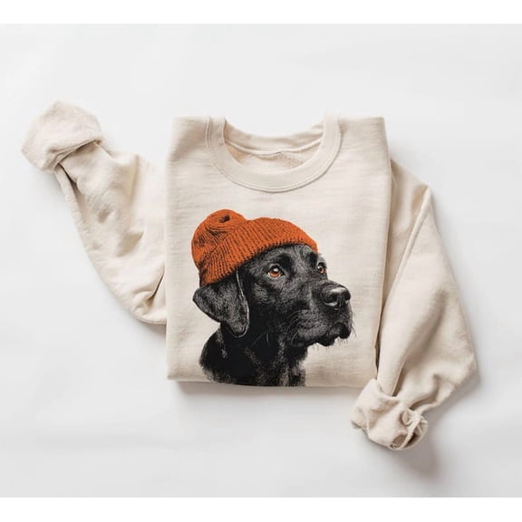 Retro Black Lab Wearing Beanie Vintage Dog Sweatshirt, Black Lab With Santa Hat Sweatshirt - Sizes S-5XL ,Art Print JSC