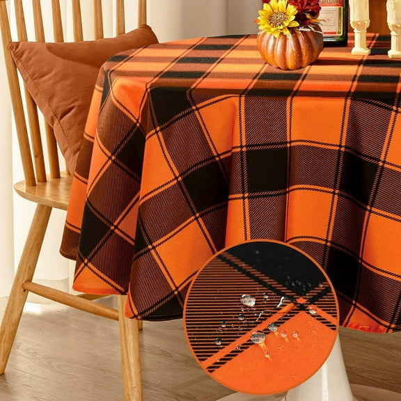 Checkered Round Halloween Tablecloth - Waterproof, Wrinkle Resistant and Washable Gingham Table Cloth Decorative Table Cover for Party, Orange/Black 60 x 60 Inch