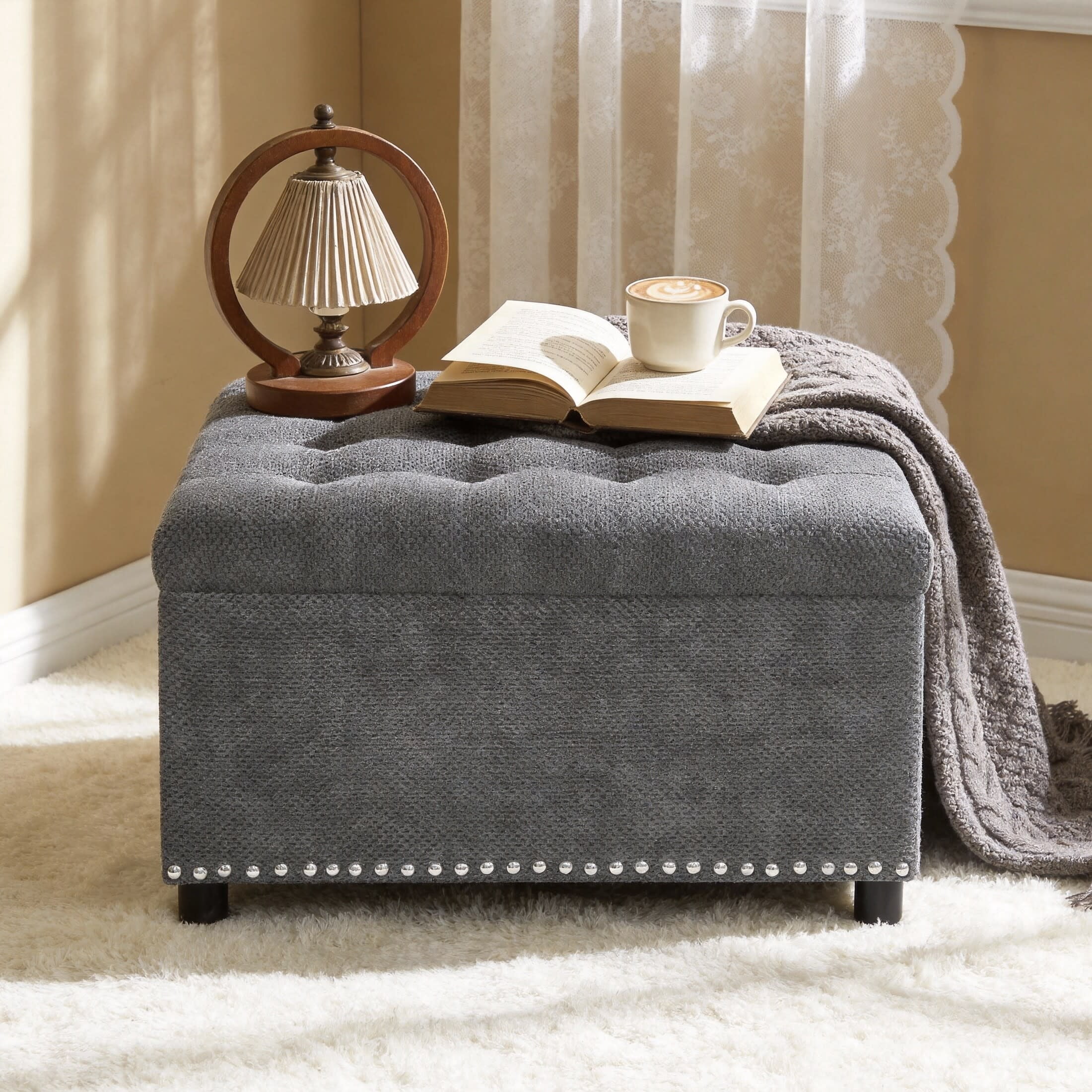 Noble House 30" Square Storage Ottoman with Tufted Top, Nailhead Trim, Light Gray