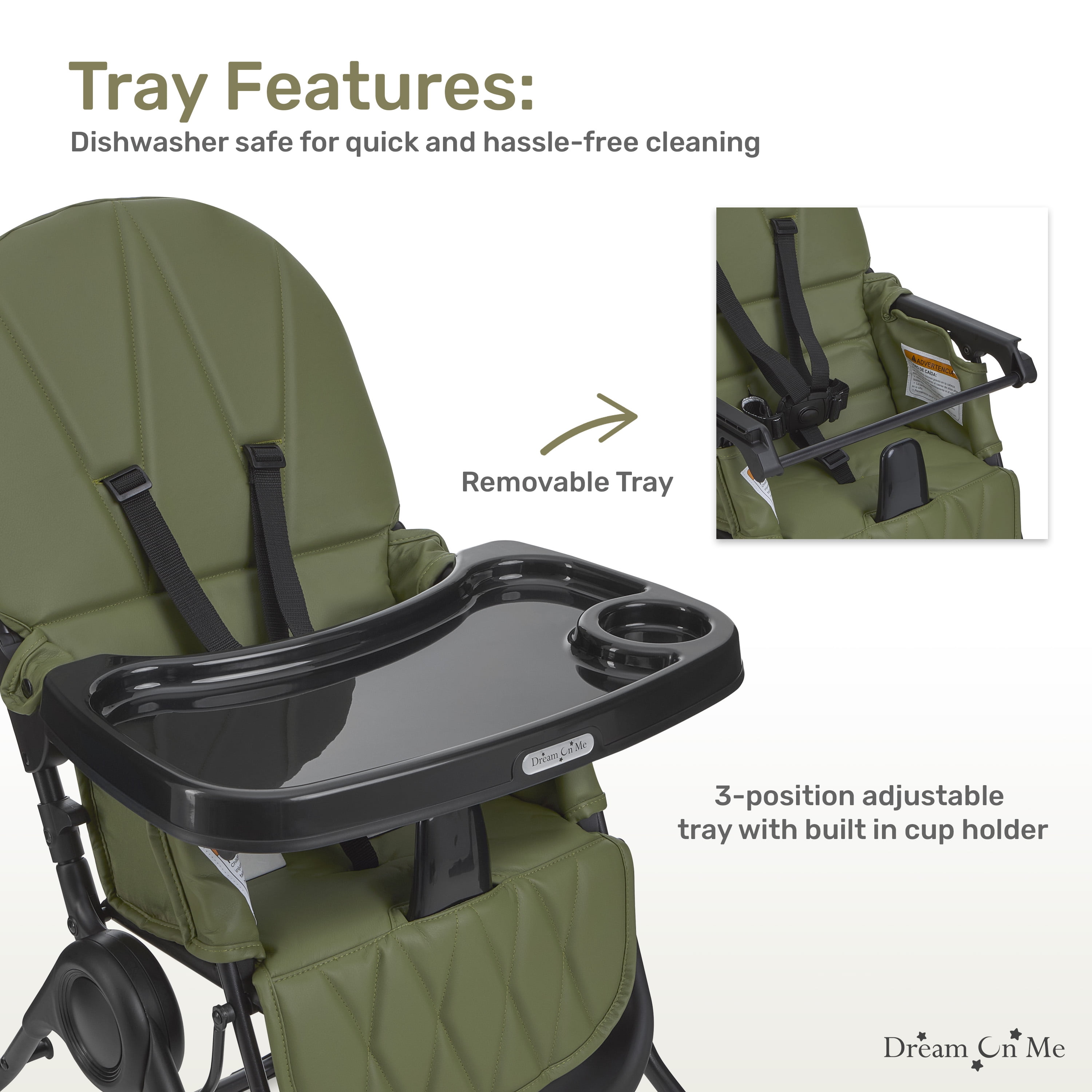 Dream On Me Snack and Stow Baby high Chair, Easy to fold and Store Travel high Chair, Removable and Three Position Adjustable Tray Portable high Chair, Olive