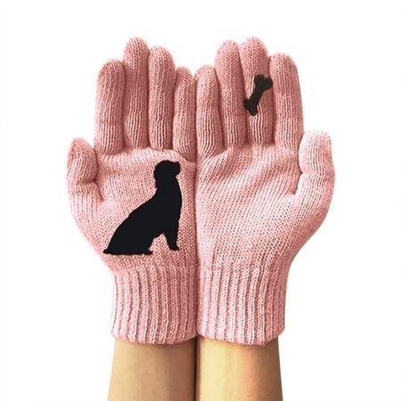 

EchfiProm 2023 Pink Ornaments Ladies Woolen Gloves Autumn And Winter Outdoor Warm Dog Bones Printing Gloves Valentines Day