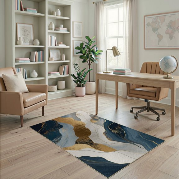 ODIKA 4'x6' Abstract Navy Washable Area Rug for Home Office, Under Desk, Non-Slip Chair-Friendly, Flatwoven