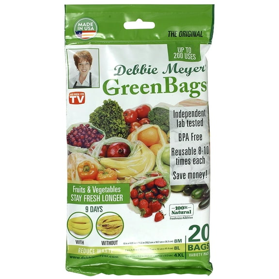 Debbie Meyer Green Bags- 20 (8M, 8L, 4XL) – Keeps Fruits, Vegetables, and Cut Flowers, Fresh Longer, Re ble, BPA Free,