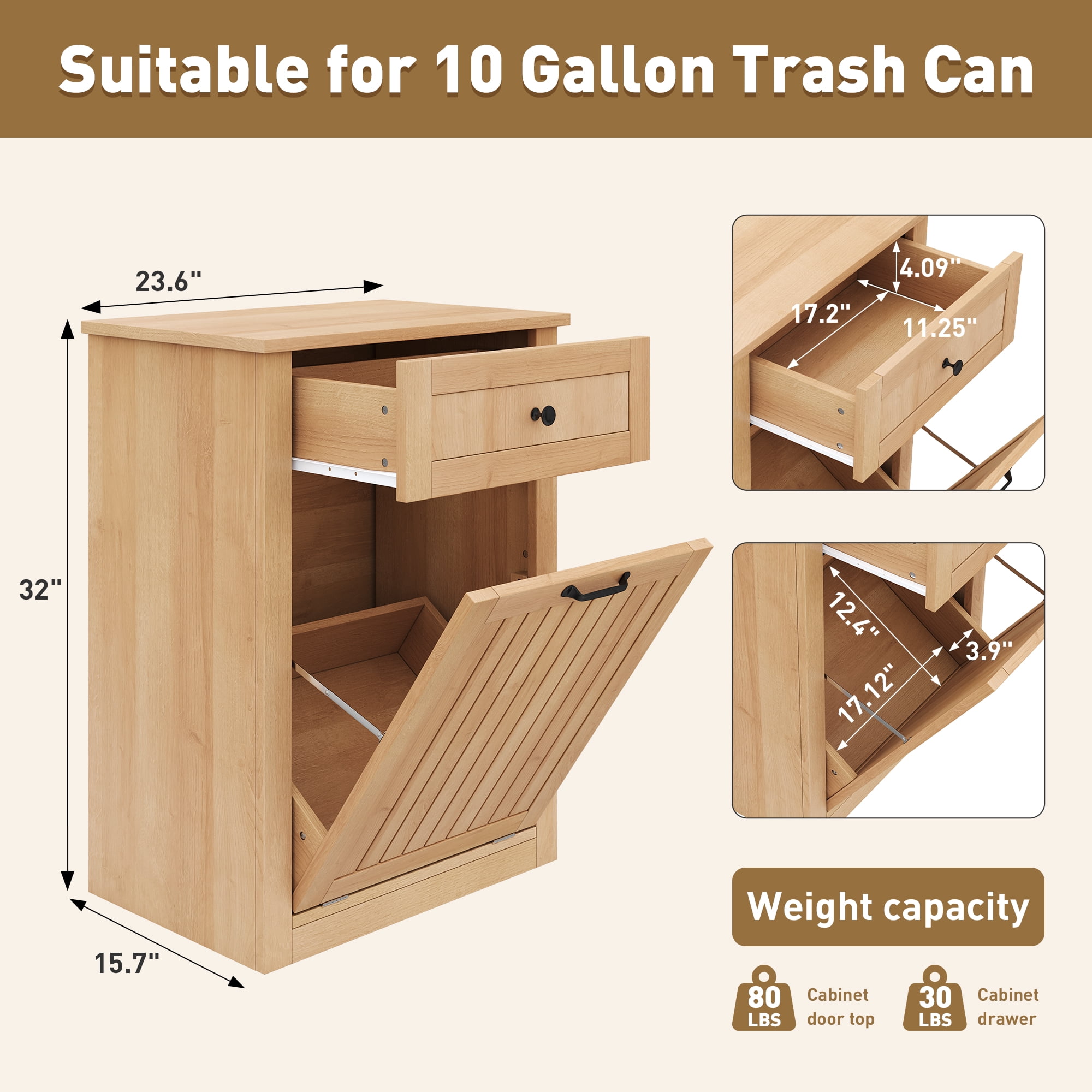 Tilt-Out Trash Can Cabinet, 10 Gallon Fluted Laundry Hamper Cabinet with Drawers, Wooden Hidden Garbage Can Cabinet w/Storage Basket, Free Standing for Kitchen & Living Room,Natural Oak