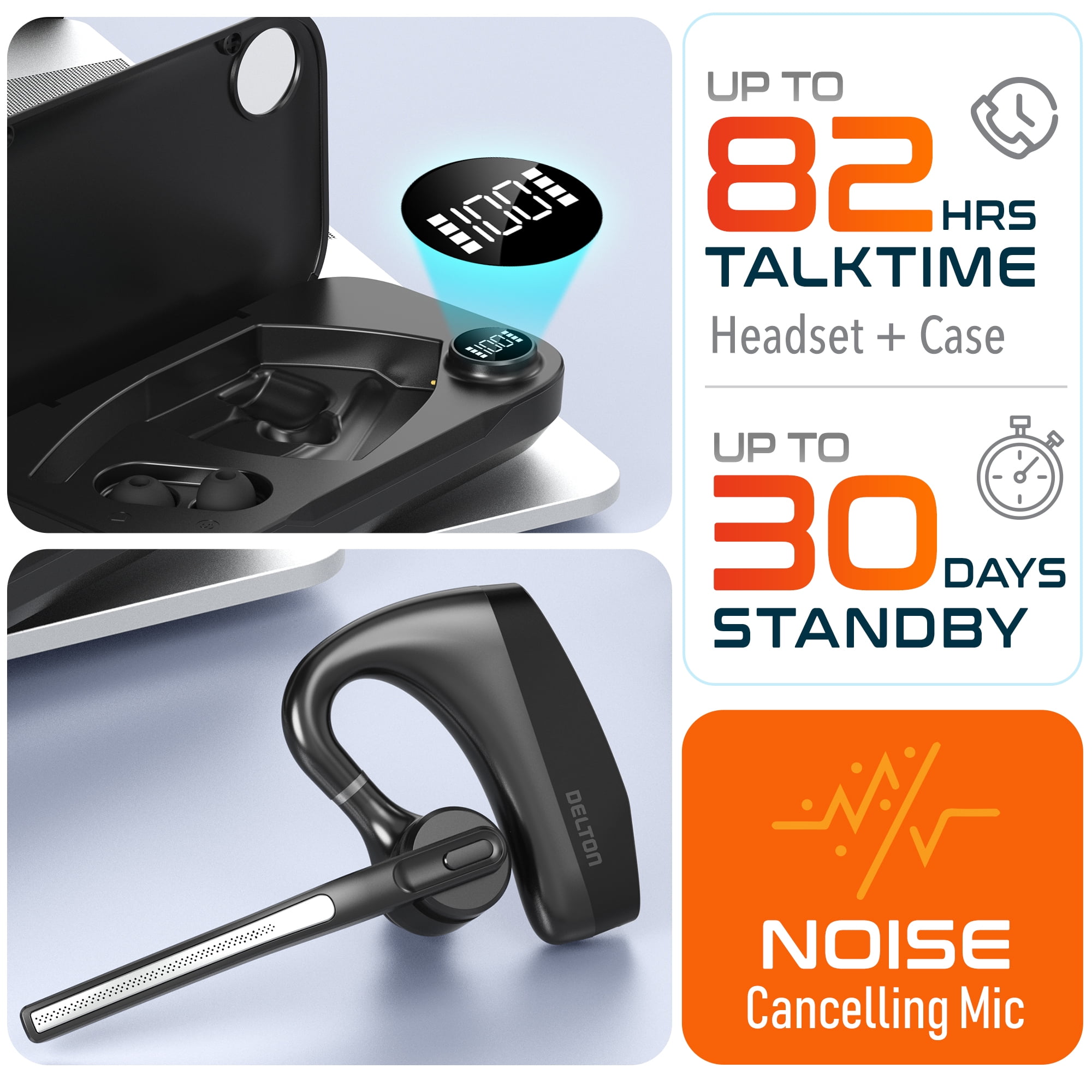 Delton Wireless Headset, Bluetooth Earpiece with Noise Canceling Microphone, Battery Display Charging Case USB Dongle for PC/Laptop/Mac/Phones, Compatible with MS Teams, Google Meet, and More - Black