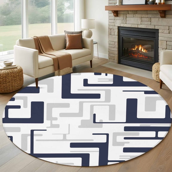 Round Area Rugs Collection 8 Ft, Modern Geometric Navy Blue Non-Slip Residential Carpet, Abstract Minimalist Artwork Lines Indoor Crawling Mats Runner Rugs for Living Room/Dining Room/Bedroom