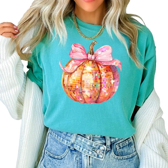 Disco Fall Pumpkin Shirt for Women and Teens Girly Coquette Bow Pumpkin T-Shirt for Halloween Seafoam Shirt Adult Medium