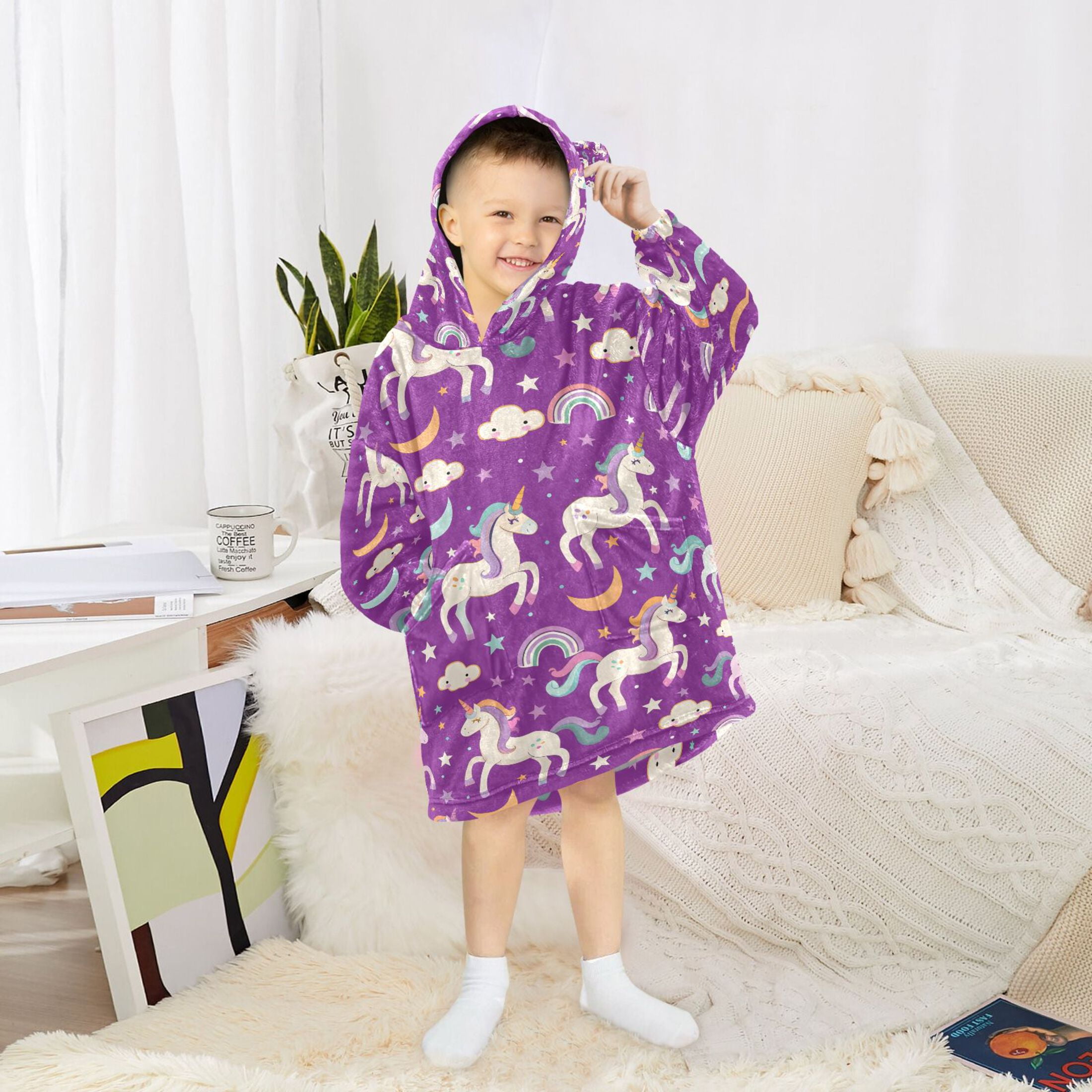 joogoo Wearable Blanket Hoodie Unicorn Rainbow Clouds for Flannel Sherpa Pocket 3-14 YR S
