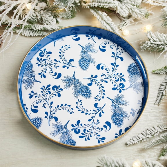 Melrose Pine Round Serving Tray - 13.75" - Blue and White