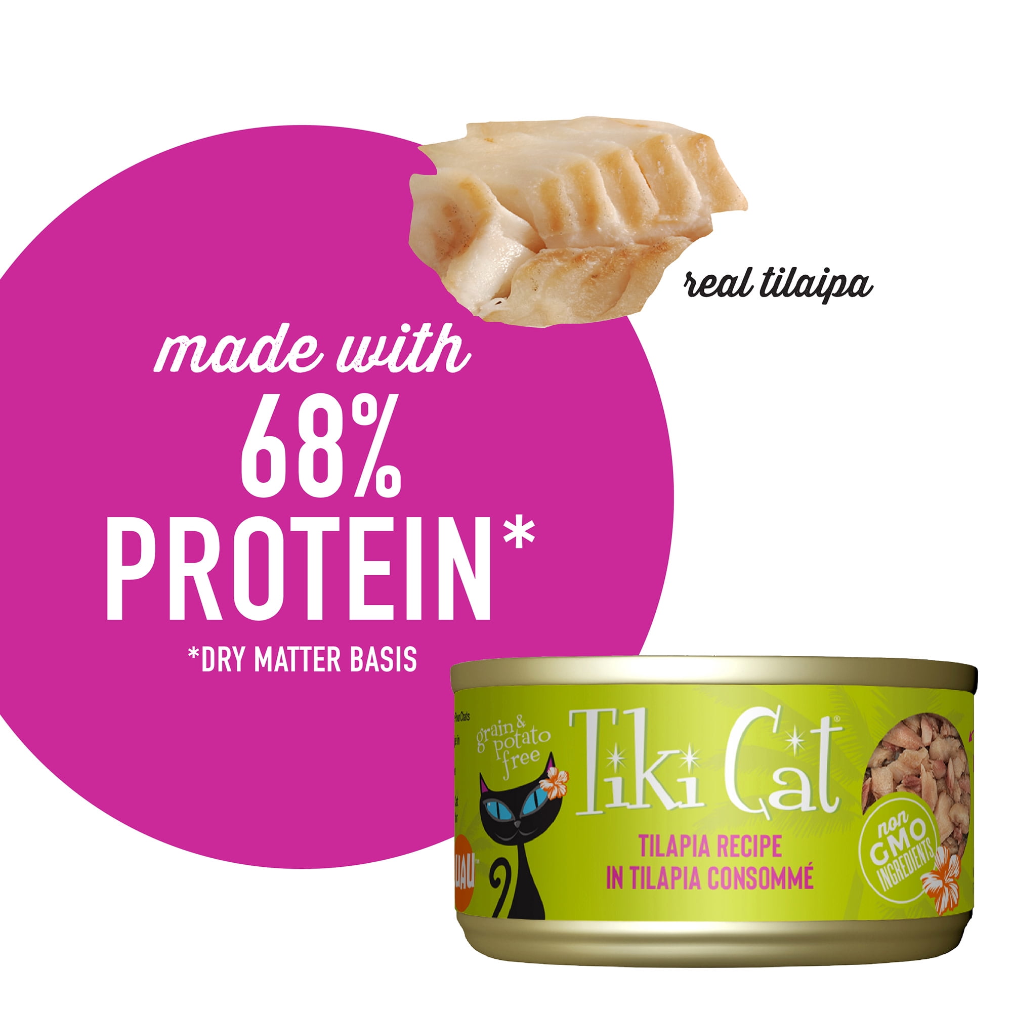 (6 pack) Tiki Pets Luau Tilapia Wet Dry Cat Food Grain-Free 2.8 oz Can