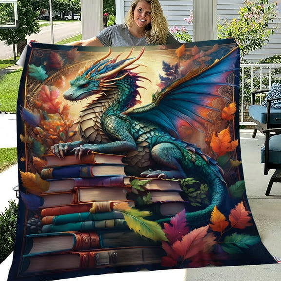 Lotusprinthandmade Dragon And The Books Fleece Blanket 2 Sizes (Made in US) (80"x60"), Mystical Dragon Reading Fleece