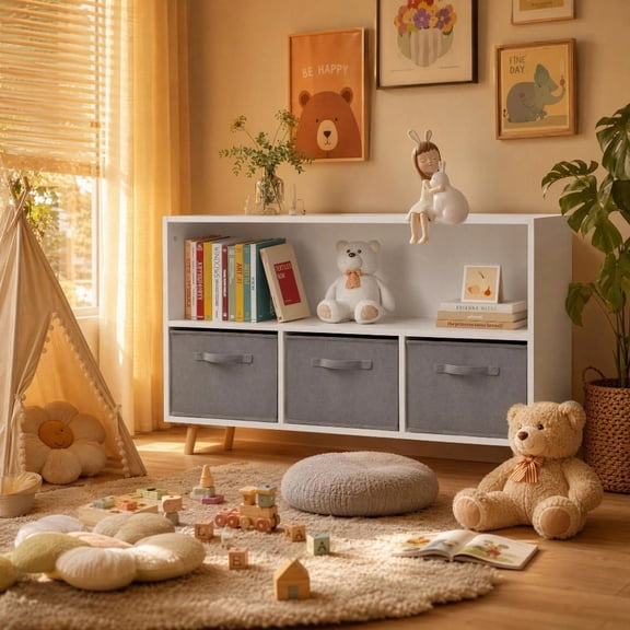 Jivora Kids Bookshelf with Fabric Drawers, Kids Bookcase Toy Storage Organizer