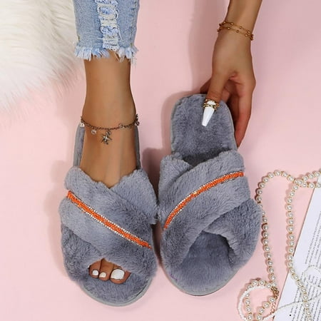 

Women s Fuzzy Faux Fur Slippers Flip Flop Open Toe Cozy House Memory Foam Sandals Slides Soft Flat Comfy Anti-Slip