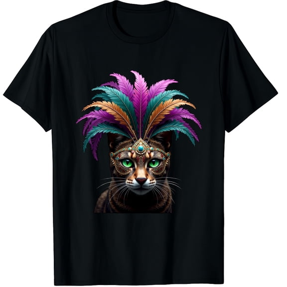 Funny Cat Wearing Mardi Gras Mask New Orleans Party Graphic Black T-Shirt for Men and Women
