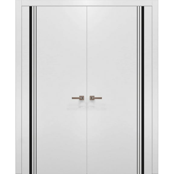 Solid French Double Doors 36 x 80 inches | Planum 0011 White Silk with Frosted Glass | Wood Solid Panel Frame Trims | Closet Bedroom Sturdy Doors
