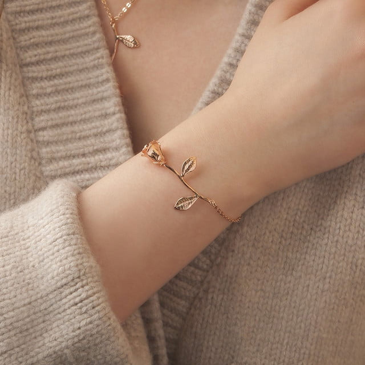 Rose Gold Brass Rose Flower Bracelet Jewelry Valentine's Day Gift Set for Her