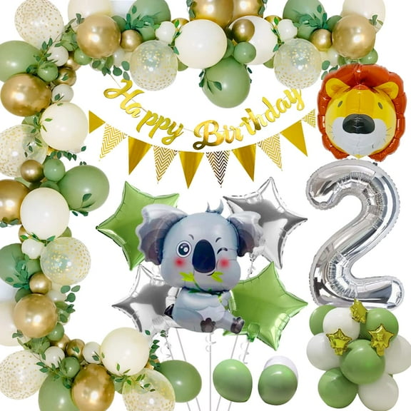 2nd Birthday Decoration, Safari 2 Years Birthday Party Decorations with Green Balloon for Boy Girl 2 Years Jungle Baby Shower