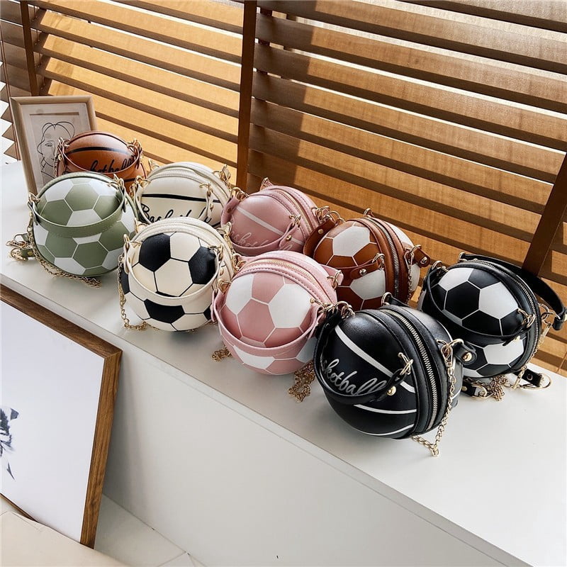 Novelty Sports Ball Shaped PU Crossbody Bag for Women, Personality Soccer & Basketball Design, Round Mini Bag, Zipper Closure, Chain Strap, Trendy Handbag for Casual Travel (6.3"x6.3"x6.7", 0.55lb)