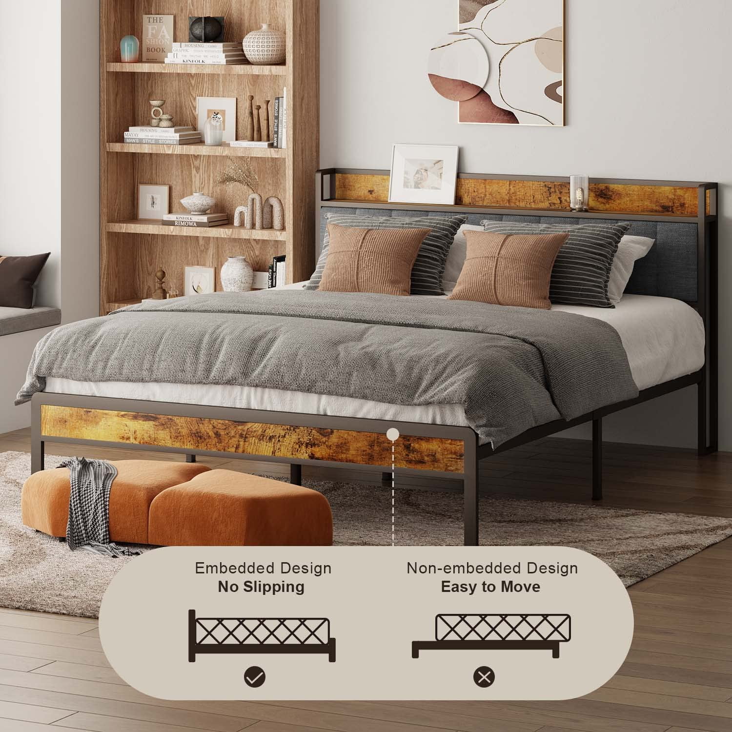 Queen Size Bed Frame with Upholstered Storage Headboard and Wooden Footboard, Under-bed Storage and Noise Free Design, Gray Finish