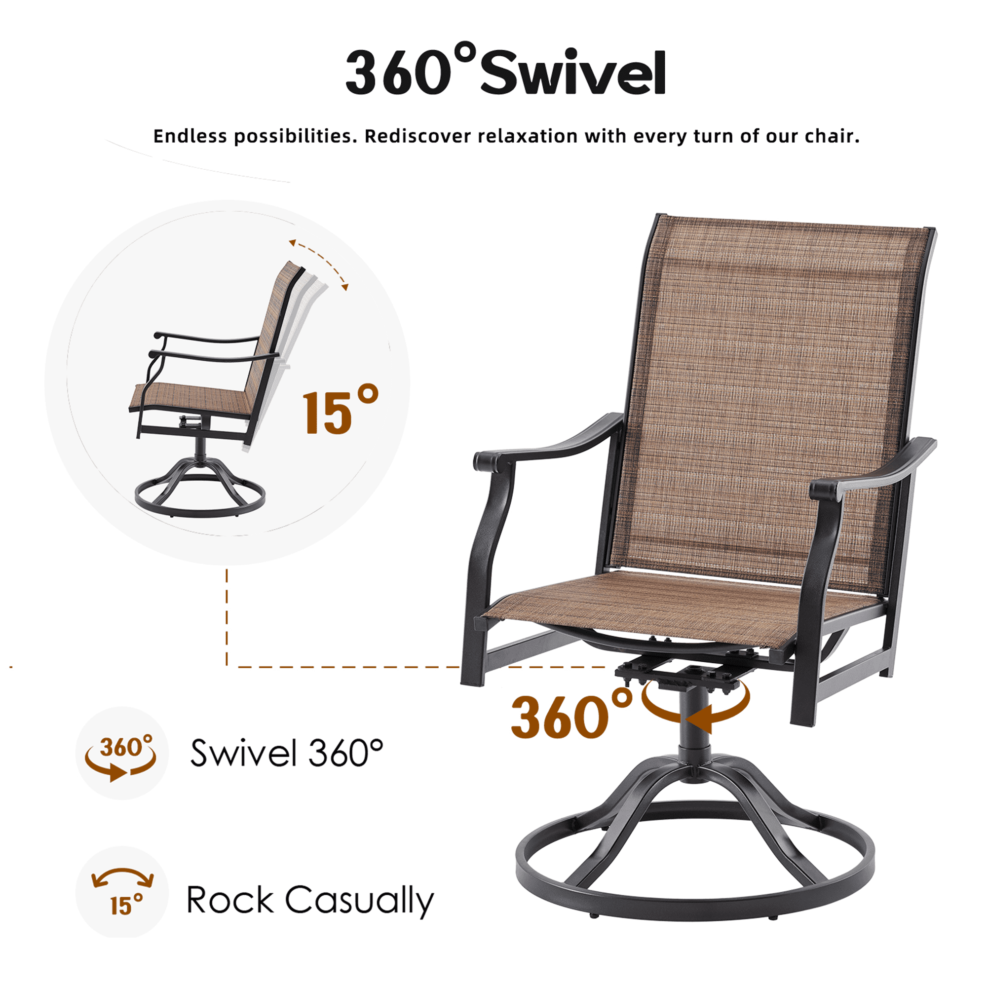 MAYEERTY 2-Piece Outdoor Swivel Dining Chairs with Textilene Fabric for Backyard & Patio, Brown