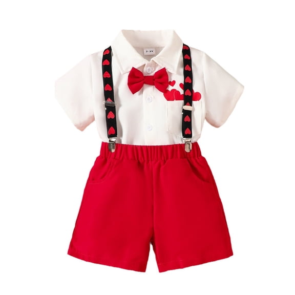 Curuila Toddler Valentine'S Day Two Piece Set Hearts Prints Short Sleeve Lapel T Shirt Tops Suspenders Gentleman Outfits Suit For Boys Girls White Size 1-2 Years