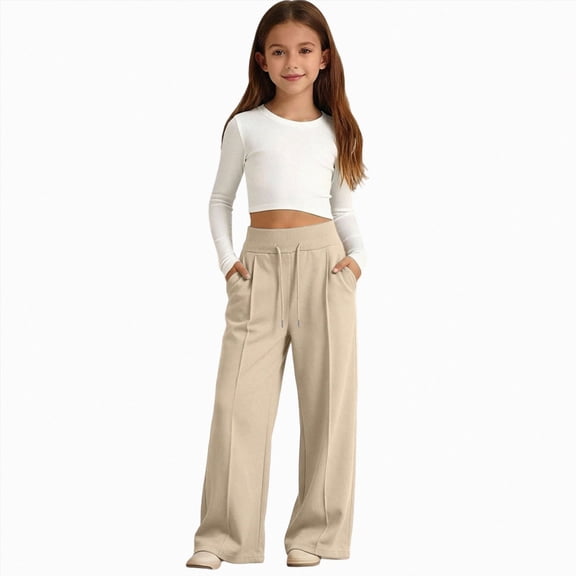 CAUYDY Girl's Baggy Sweatpants Wide Leg Sweat Pants for Kid Girls Trendy Solid Y2K Elastic Waist Streetwear Jogger Pants Sizes 11-12 Years