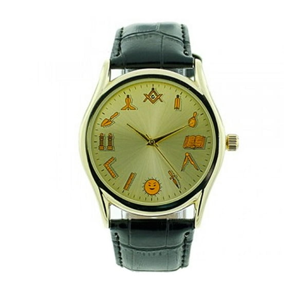 Working Tools - Masonic Watch - Black Leather Band - RoundGold Face Dial Watch