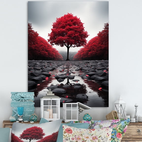 Designart "Forest Serenity Red and Grey" Floral Canvas Print