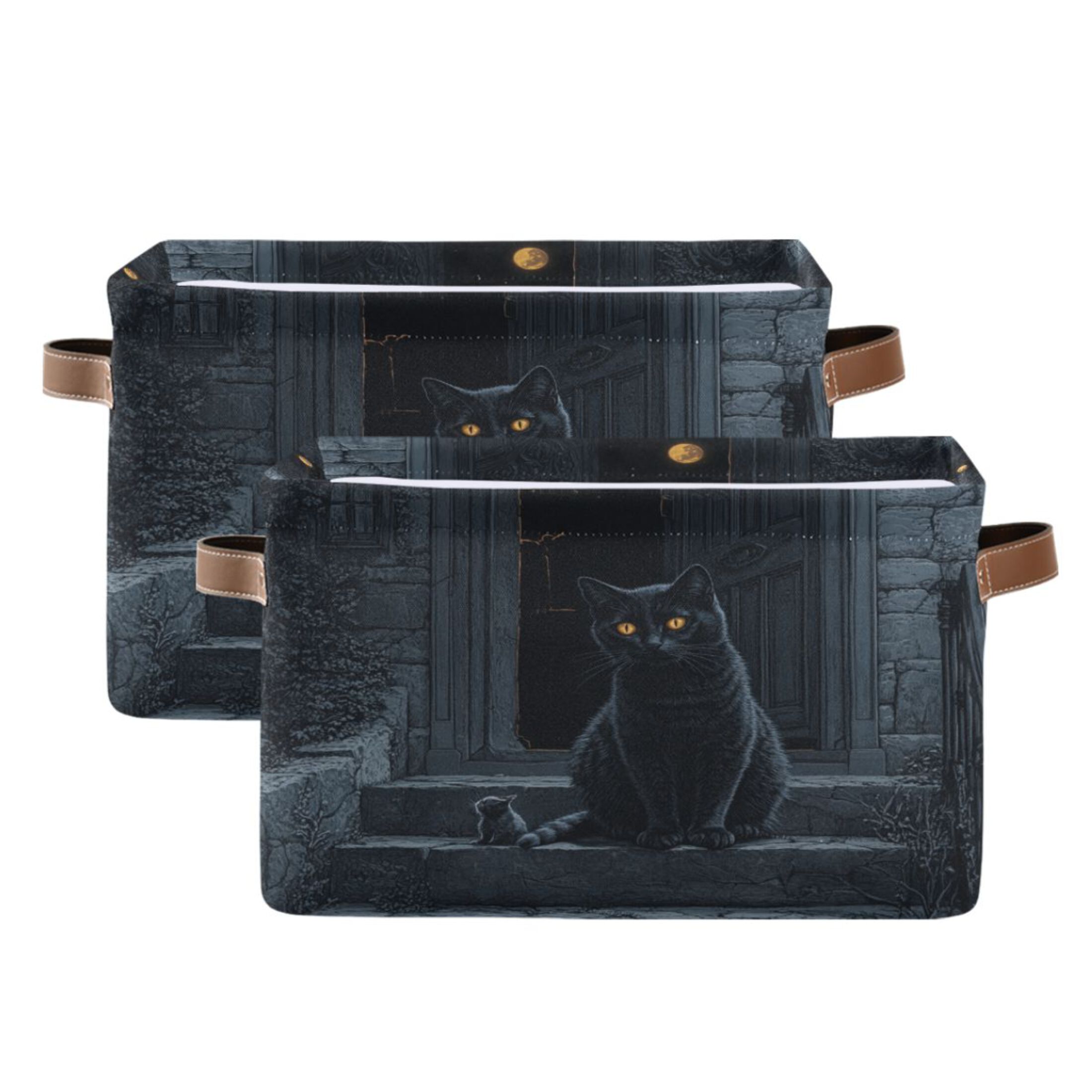 WOBOGO Black Cat Guard Square Storage Basket with Waterproof Canvas and PE Lining Durable PU Leather Handles 14.2×10.2×8.3in