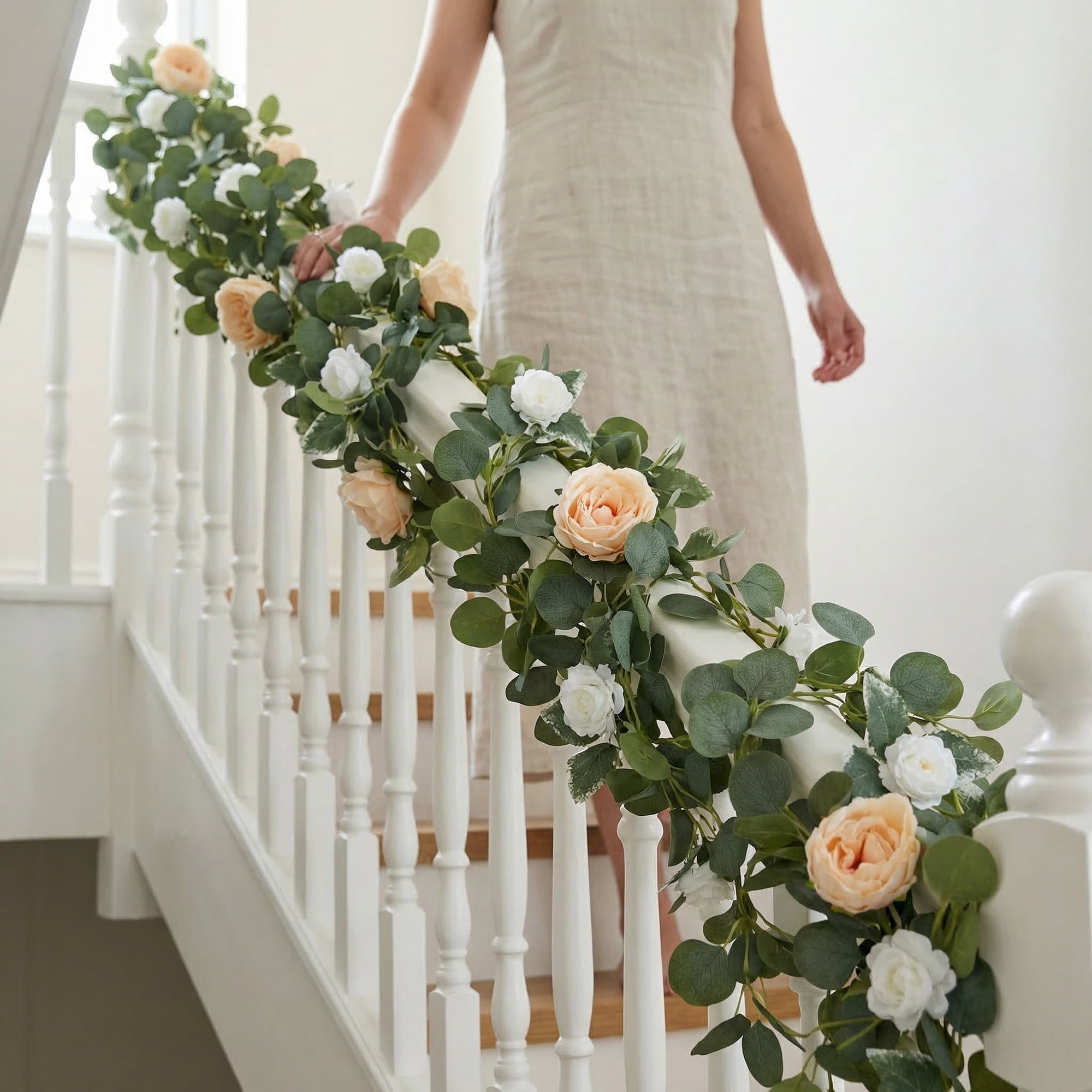 Unique Bargains 4Pcs Artificial Eucalyptus Garland Faux Flower Vine Pink Champagne 71inch