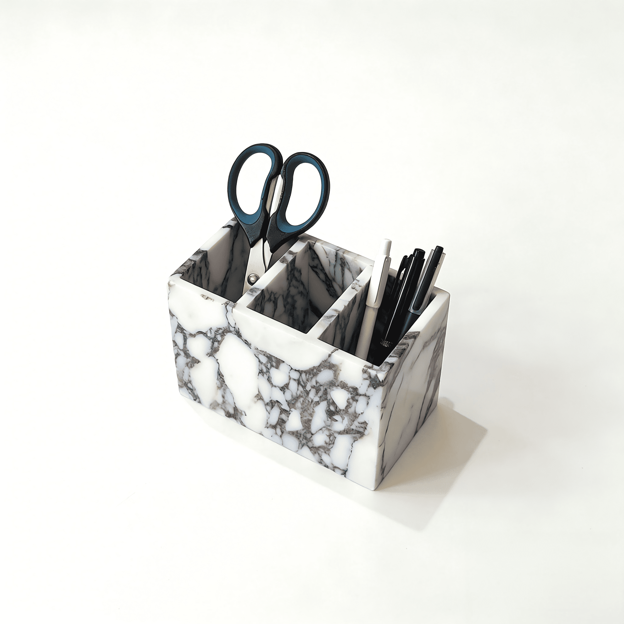 Artisanal Abode Marble Pen Holder, White Stone Rectangular Desktop Organizer, Office Study Makeup Brush Storage, Home Desk Decor, Minimalist Design, Durable Marble Accessory