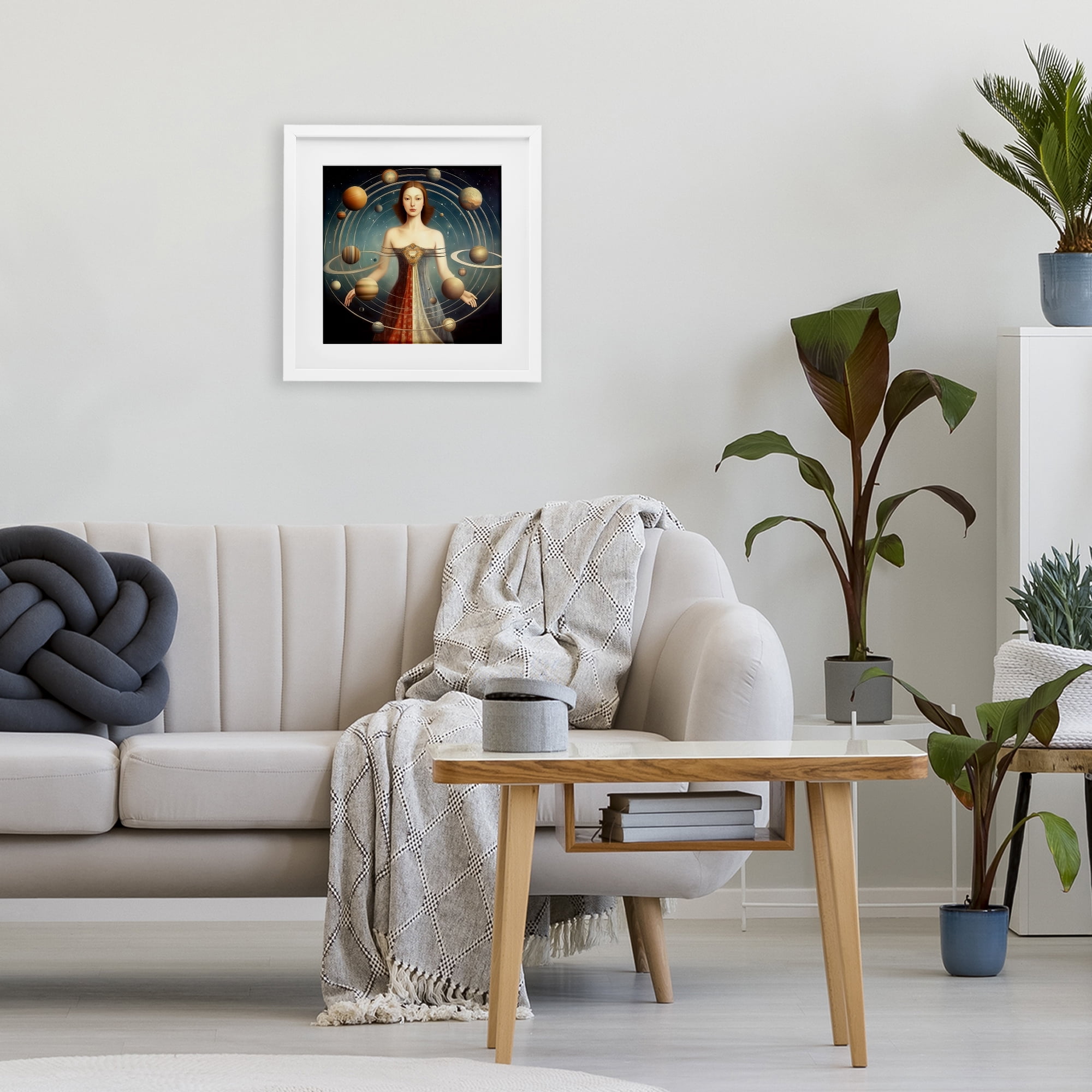 Galactic Orbits Woman White Framed Print Under Glass, design by Sasha
