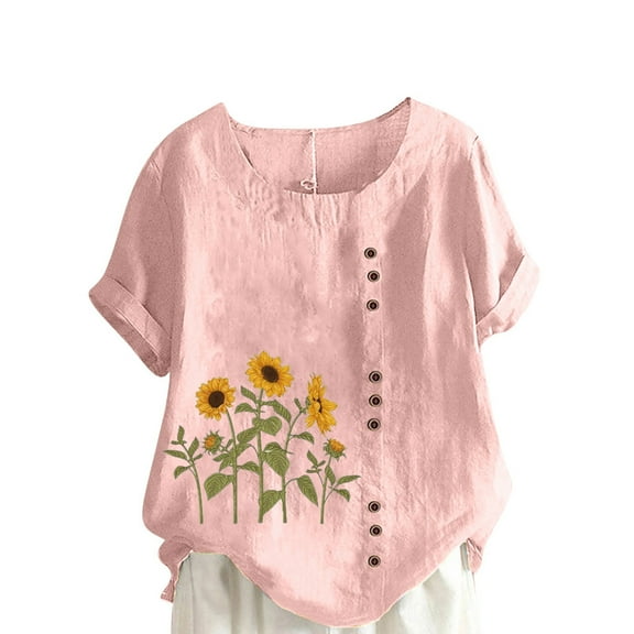 Lovskoo Oversize Cotton Linen Tops for Women Floral Butterfly Print Summer Blouses Casual Round Neck Short Sleeve Loose Shirt Pink