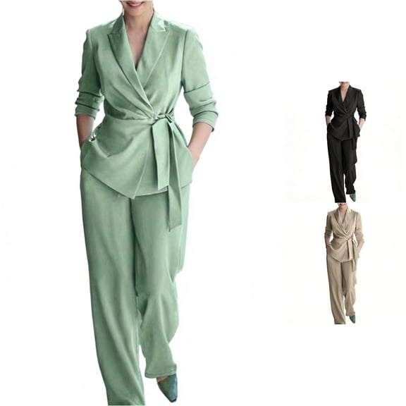 HAYIMI Womens Long Sleeve Summer Outfits Sets Lapel Jacket Wide Leg Pants Business Work Two Piece Solid Color Stylish Clothes Sets