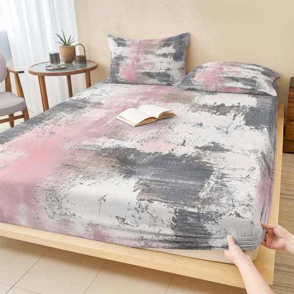 King Size Fitted Sheet Set - Pink Grey Abstract 3 Piece Bedding Sets 16" Deep Pocket Fitted Sheet with 2 Pillowcases, Modern Minimalist Smear Art Brushed Microfiber Hotel Luxury Bed Sheets