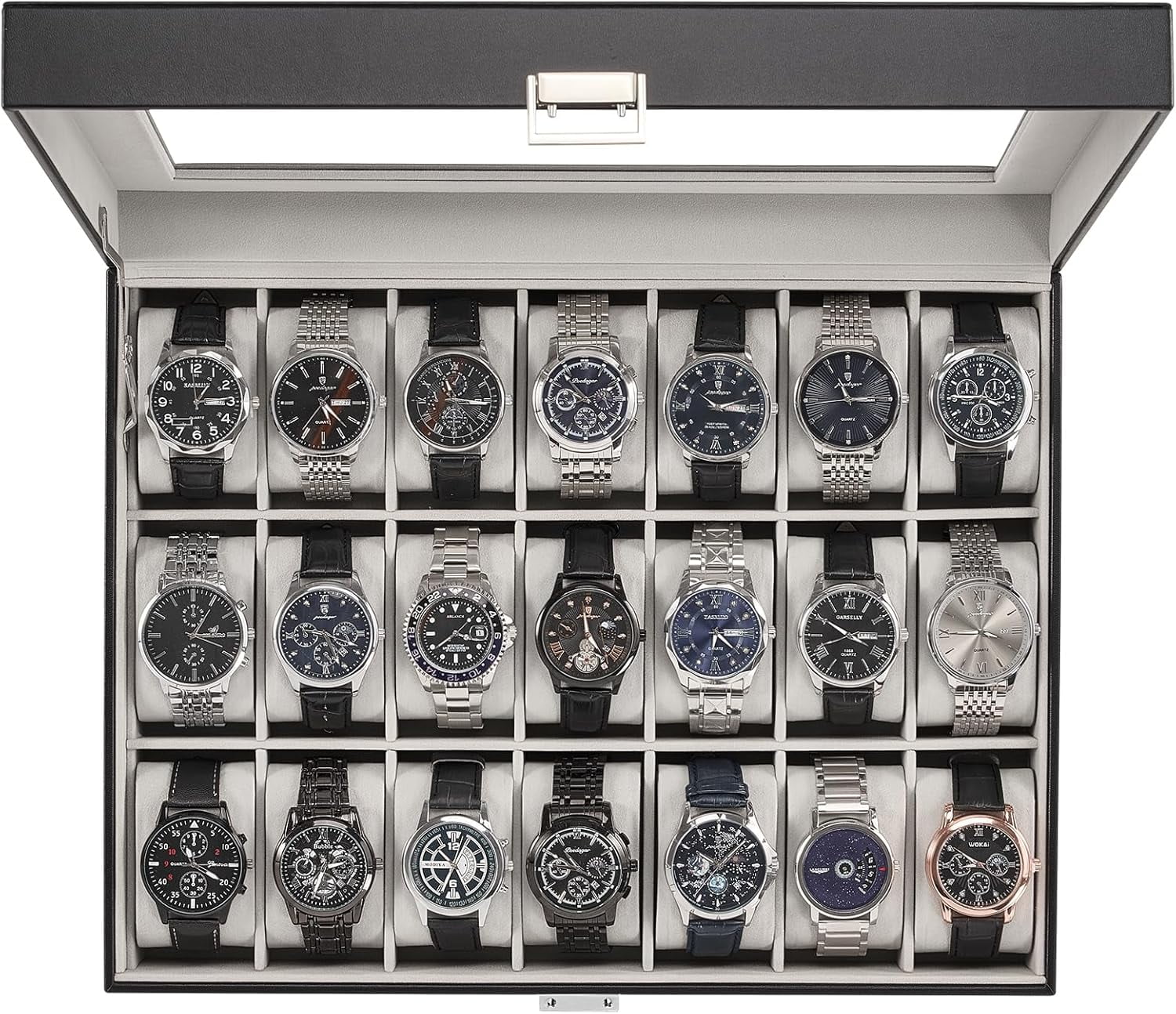 ProCase Boite à Montre En Bois Antichoc, Coffret Montre Homme Avec 3 Emplacements Coussins Montre, Rangement Montre Avec Couvercle En Verre, Pour Passionné D'Horlogerie -Noir