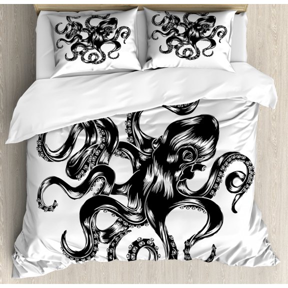 Octopus Duvet Cover Set Queen Size, Vintage Style Engraving Illustration of a Sea Animal Silhouette Art Print, Decorative 3 Piece Bedding Set with 2 Pillow Shams, White Charcoal Grey, by Ambesonne
