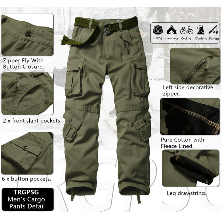 TRGPSG Men's Fleece Lined Hiking Pants Outdoor Cargo Pants Casual Work Ski  Pants with 8 Pockets(No Belt),Armygreen 38x32