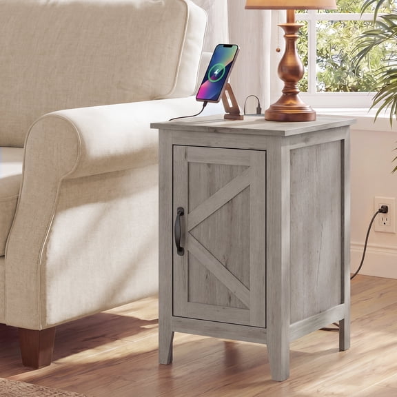 VASAGLE LIRY Collection - End Table with Charging Station, Side Table with Storage Cabinet, Night Stand for Living Room, Bedroom, Washed Gray