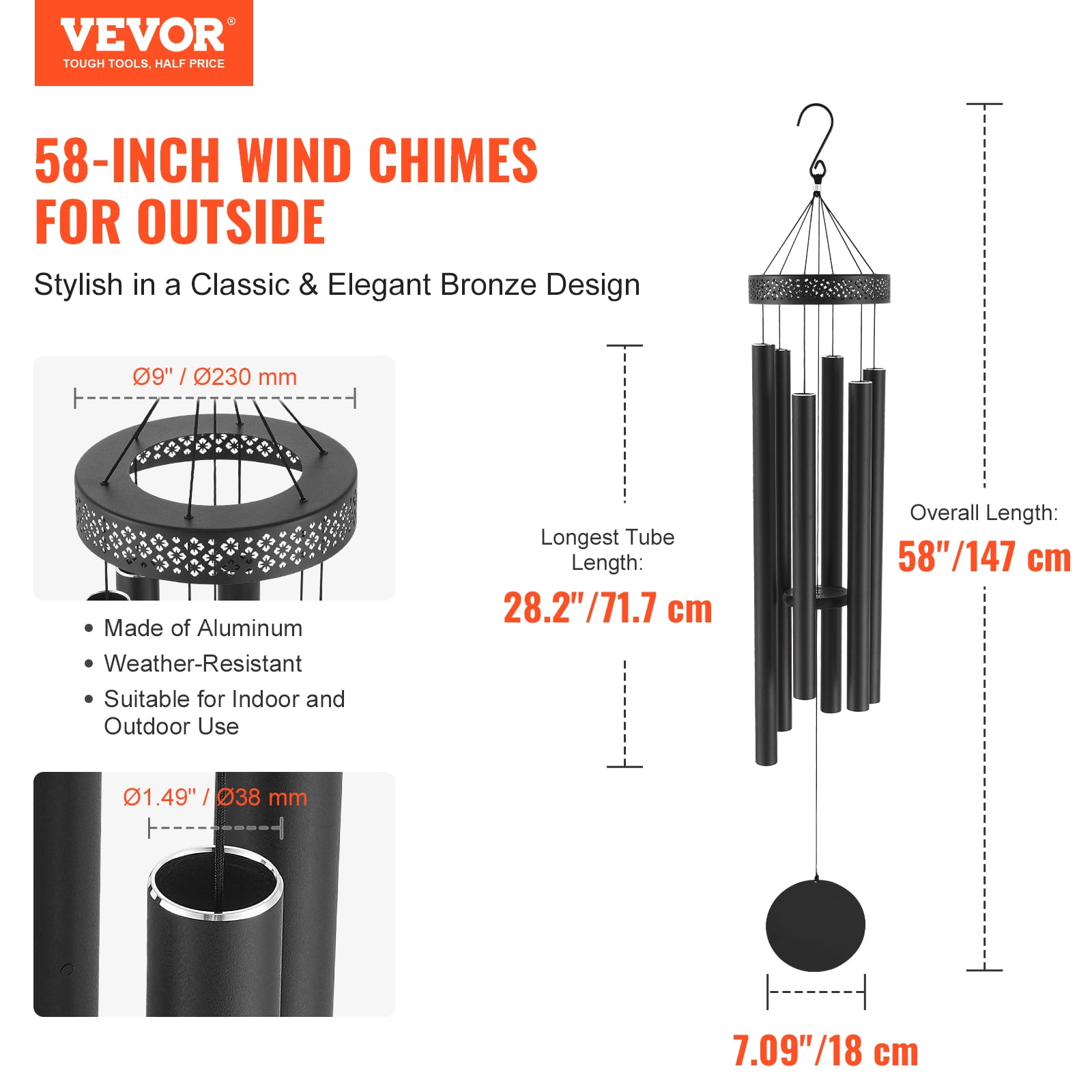 VEVOR Wind Chimes for Outside, 58 in, Deep Tone Wind Chimes with 6 Tubes, Unique Large Memorial Wind Chimes for Anniversary, Amazing Outdoor Decor for Your Patio, Porch, Garden and Backyard, Black